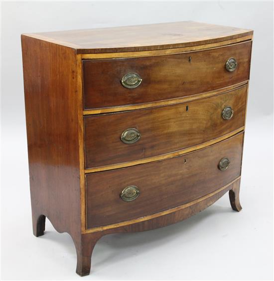 A Regency mahogany bowfront chest of three long drawers, W.3ft D.1ft 7in. H.2ft 11in.